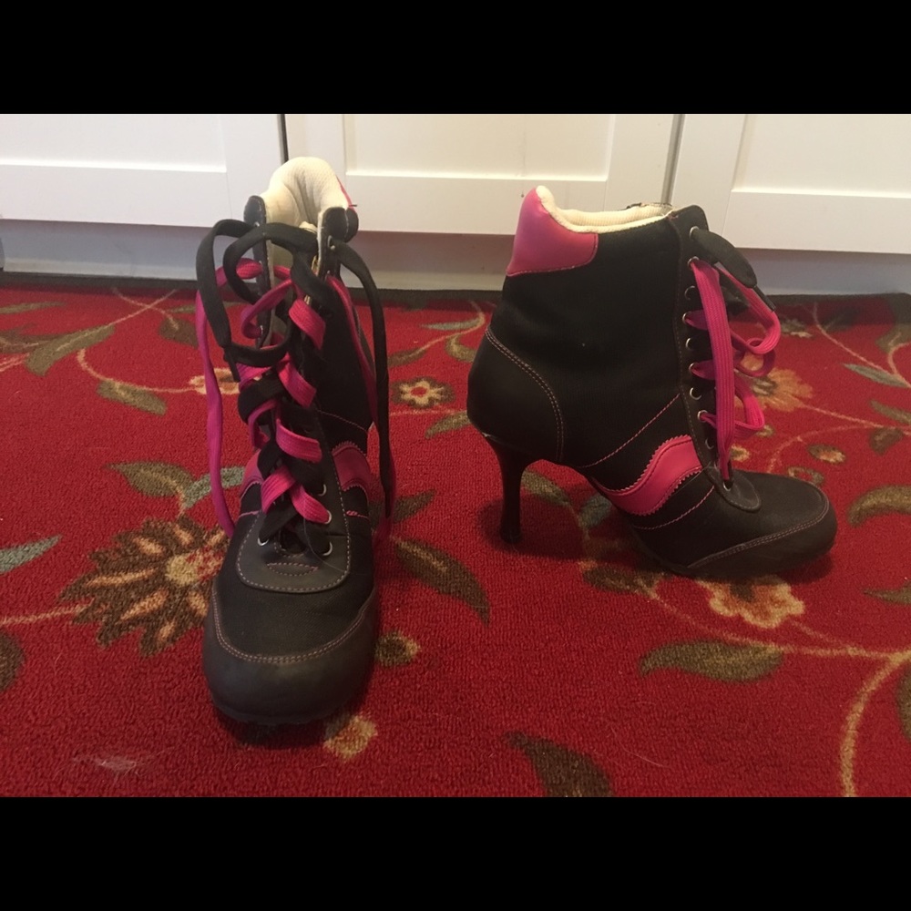 Pink and black sneaker heels